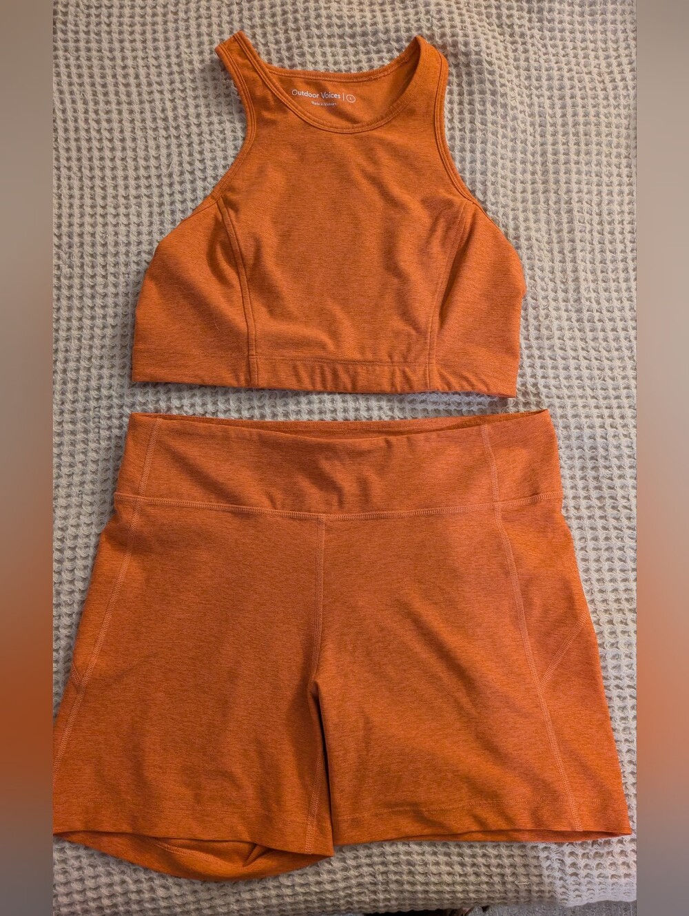 Outdoor Voices Orange High-Neck Sports Bra and Bike shorts Set L top/XL bottoms